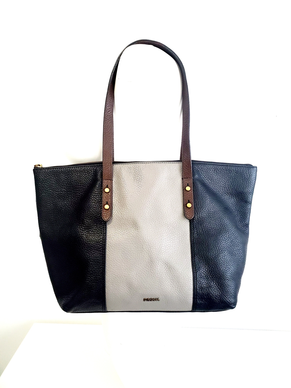 Fossil Women's Black and Cream Leather Tote Bag